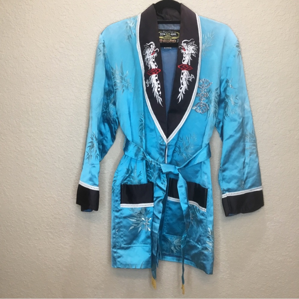Sword Brand M Short Blue Satin Robe Kimono Tie Belt Embroidered Dragons